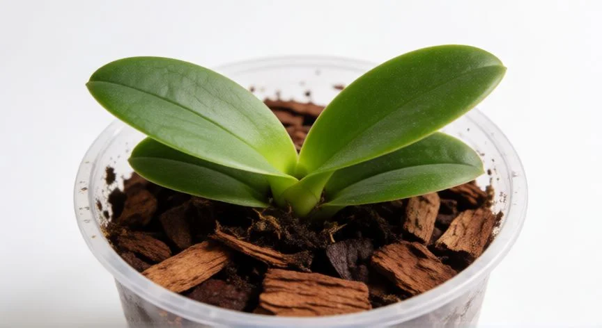 como plantar keikis de orquideas, Proceso de plantado de keiki en maceta transparente con corteza y musgo sphagnum