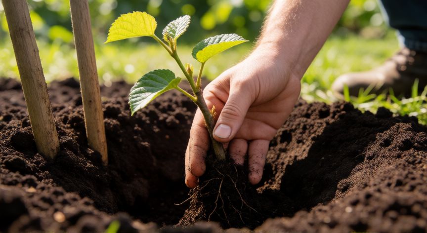 como plantar kiwi, Manos plantando una muda de kiwi en un hoyo preparado con tierra fértil