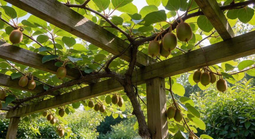 como plantar kiwi, Planta de kiwi madura trepando por una pérgola de madera con frutos pequeños