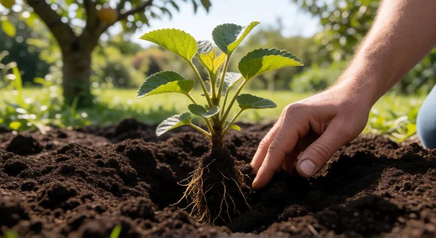 Manos plantando una plántula de kiwi en tierra fertilizada