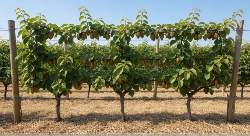 como plantar kiwi en casa, Cosecha de kiwis en otoño con tijeras de podar y caja de recolección en jardín