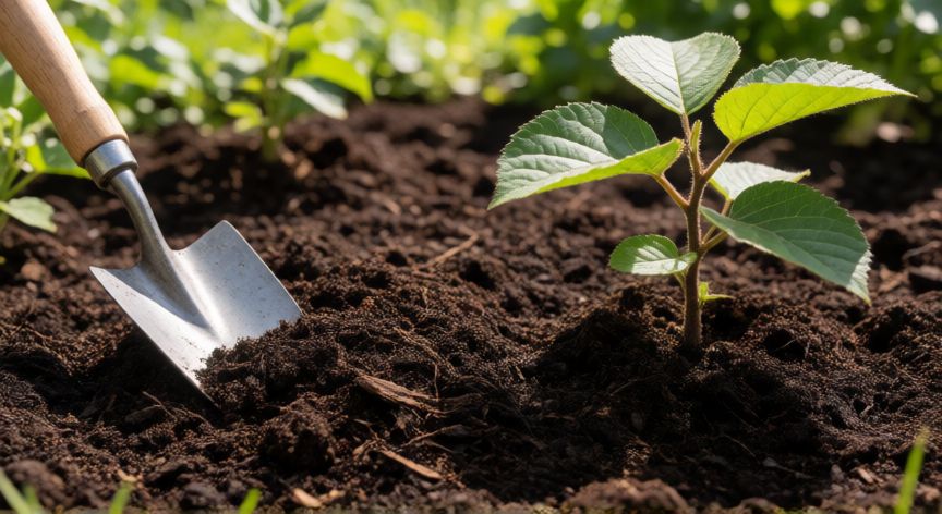 como plantar kiwi macho y hembra, Hoyo preparado con tierra fértil listo para plantar una planta de kiwi