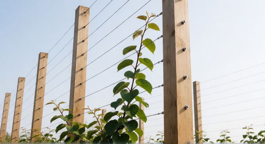 como plantar kiwi macho y hembra, Estructura de pérgola con cables metálicos para cultivar plantas de kiwi trepadoras