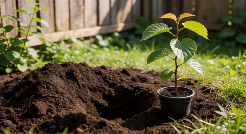 Preparación del hoyo de plantación con tierra enriquecida para un joven kiwi