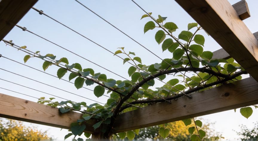 como plantar kiwis, Estructura de tutoraje en carrusel con cables de acero para el cultivo de kiwis
