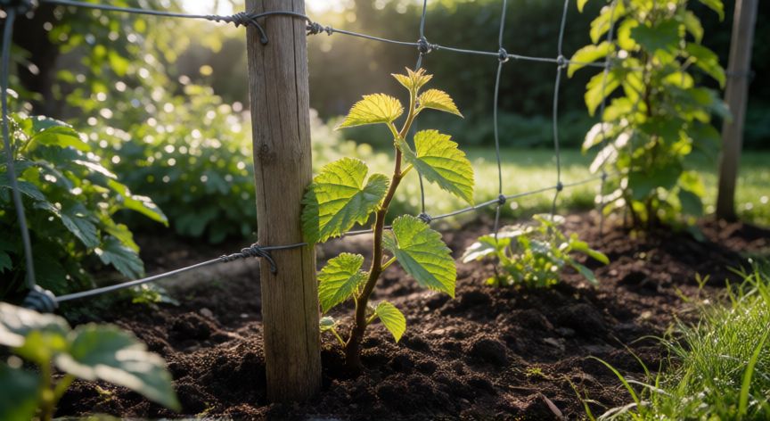 como plantar kiwis de estaca, Joven brote de kiwi enraizado y apoyado en un sistema de tutoraje de alambre