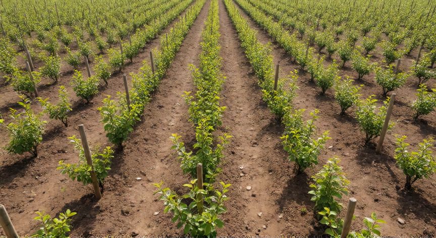 como plantar kiwis distancia entre plantas, Parcela de cultivo de kiwis recién plantados con buena separación entre surcos