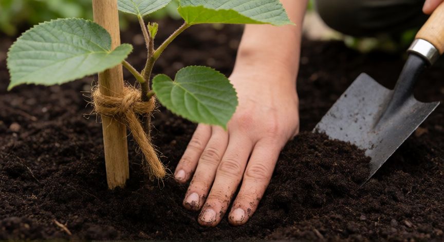como plantar kiwis distancia entre plantas, Detalle de plantación de un árbol de kiwi con soporte de madera y sustrato fértil
