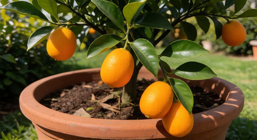 como plantar kumquat, Árbol de kumquat en maceta con frutos maduros al sol