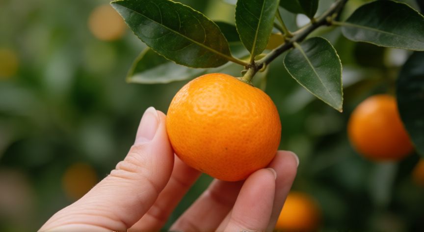 como plantar kumquat, Manos sosteniendo un fruto de kumquat maduro junto a la rama
