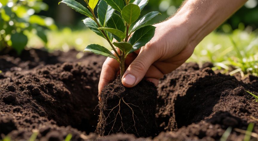 como plantar laurel, Manos plantando una planta joven de laurel en un jardín soleado con suelo fértil