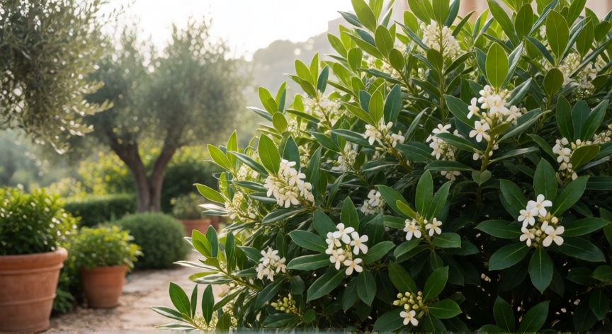 como plantar laurel, Arbusto de laurel sano con flores blancas en un jardín mediterráneo con macetas de barro