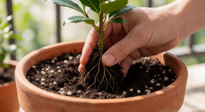 Manos plantando un laurel joven en una maceta de terracota con sustrato adecuado