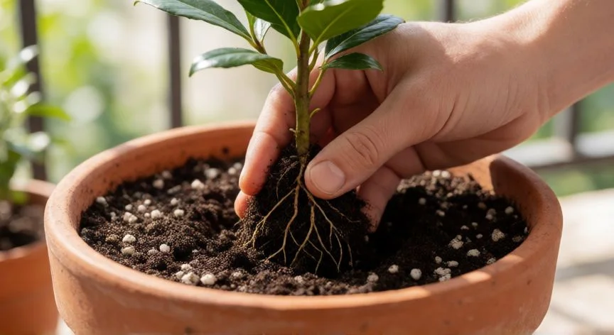 Trasplantando un laurel joven en maceta de barro en un balcón soleado