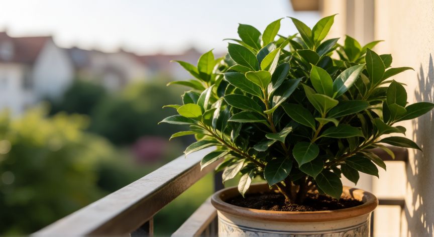como plantar laurel en maceta, Maceta con laurel verde y sano en un balcón soleado al atardecer