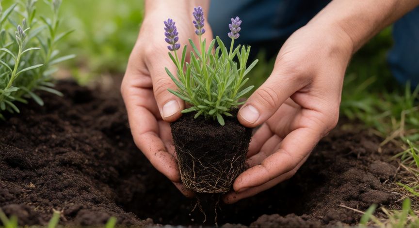 como plantar lavanda, Manos sosteniendo una plántula de lavanda lista para trasplantar