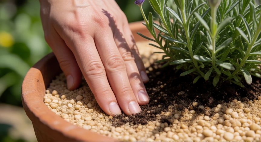 como plantar lavanda en maceta, Manos plantando una lavanda en una maceta de terracota con sustrato arenoso