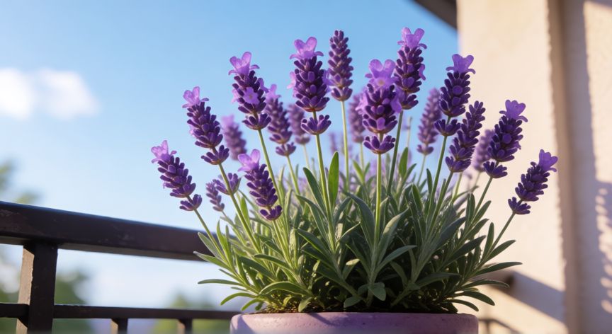 como plantar lavanda en maceta, Maceta de lavanda floreciendo con flores moradas en un balcón soleado