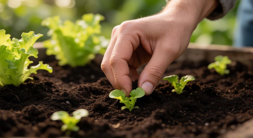como plantar lechugas, Manos plantando semillas de lechuga en la tierra del huerto