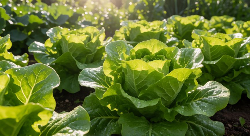 como plantar lechugas, Planta de lechuga sana con hojas verdes brillantes en un huerto soleado