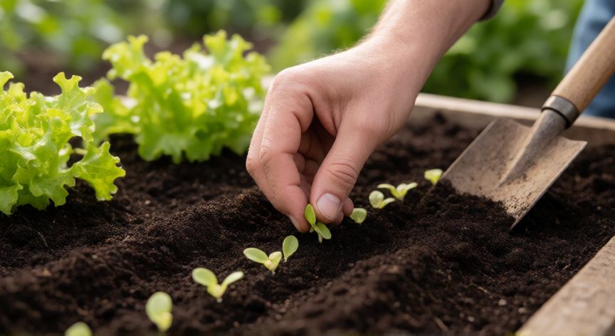 Manos sembrando semillas de lechuga en surcos preparados en un huerto casero