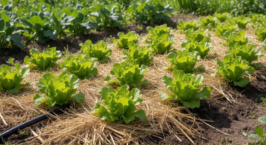 como plantar lechugas en huerto, Cama de cultivo con plantones de lechuga y sistema de riego por goteo instalado