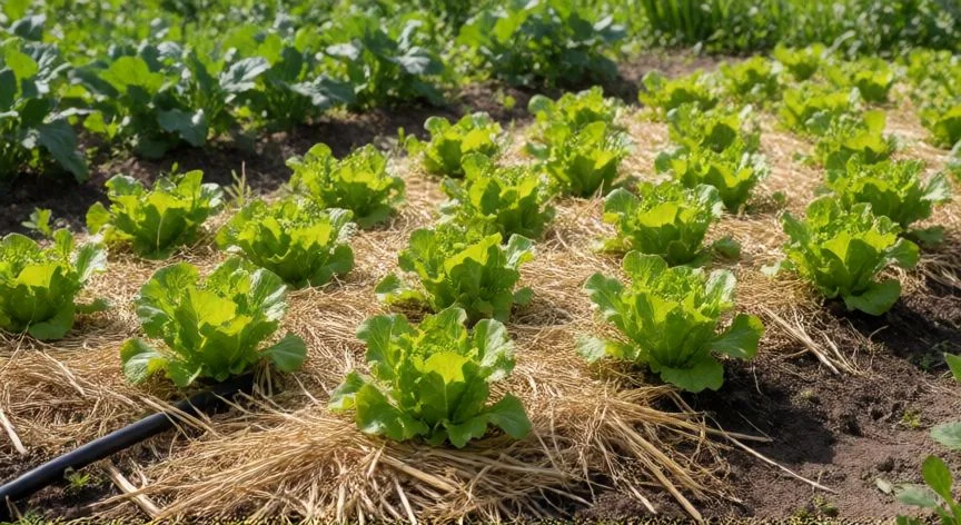 como plantar lechugas en huerto, Mano cosechando hojas de lechuga con tijeras en una maceta de balcón con cartel 'Mi huerto en casa'