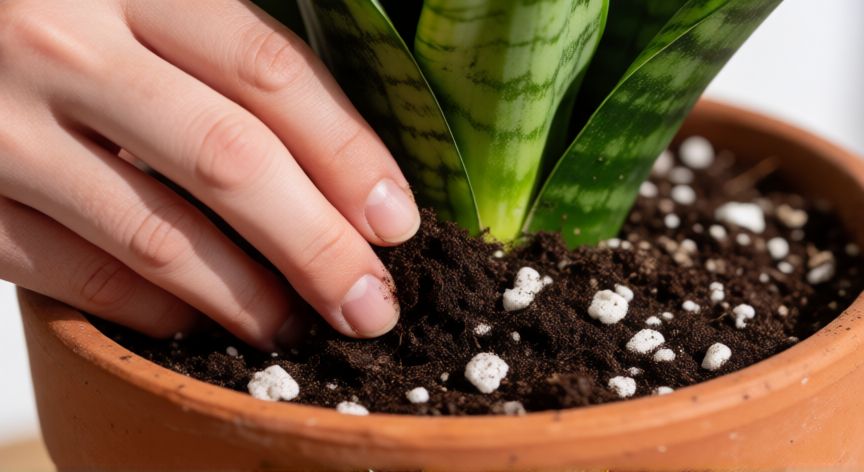 como plantar lengua de suegra, Proceso de plantación de una lengua de suegra en sustrato arenoso