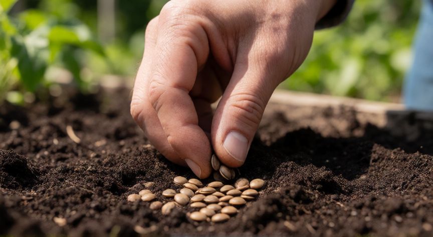 como plantar lentejas, Planta de lentejas en el suelo del huerto