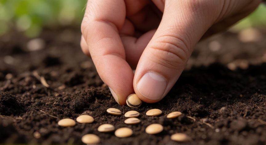 como plantar lentejas con algodon, Mano plantando semillas de lentejas en suelo fértil