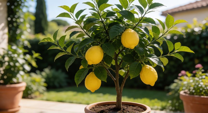Limón en maceta en un balcón soleado