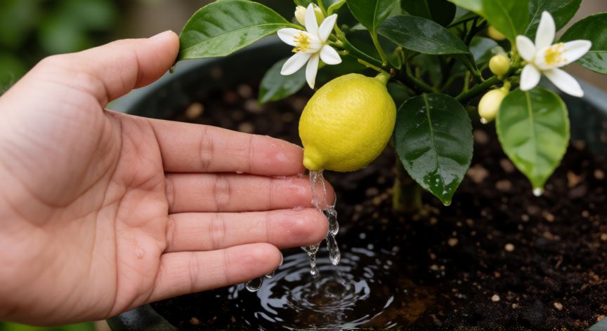 como plantar limonero, Regando un limonero en maceta con compost