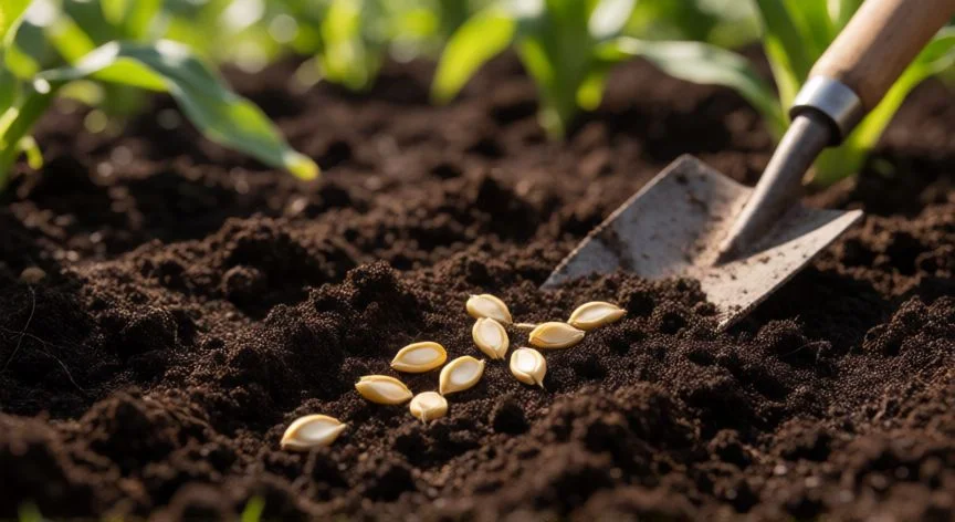 Semillas de maíz siendo plantadas en suelo fértil y oscuro