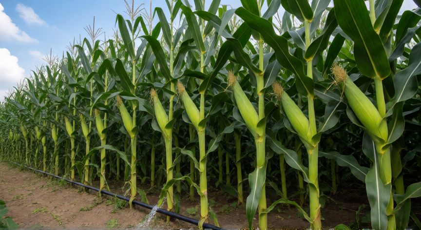 como plantar maiz, Maizales verdes con sistema de riego por goteo instalado en el suelo