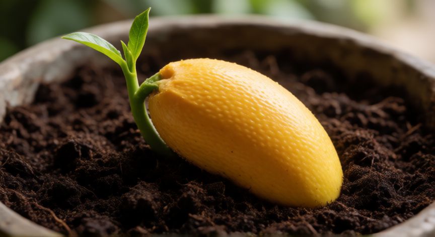 Semilla de mango germinando en una maceta con sustrato húmedo