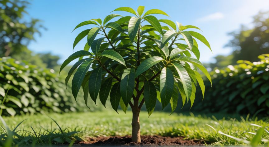 como plantar mango, Joven árbol de mango sano cultivado en un jardín soleado con buen drenaje