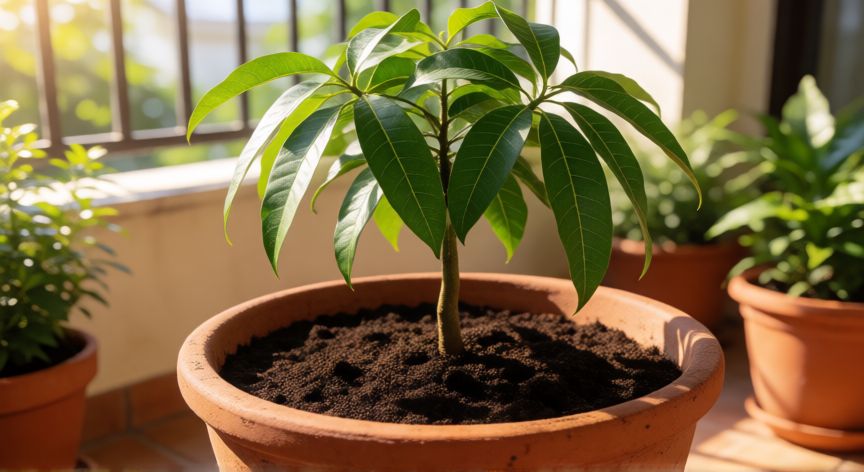 Árbol de mango joven en maceta de terracota en un balcón soleado con hojas verdes y sustrato oscuro