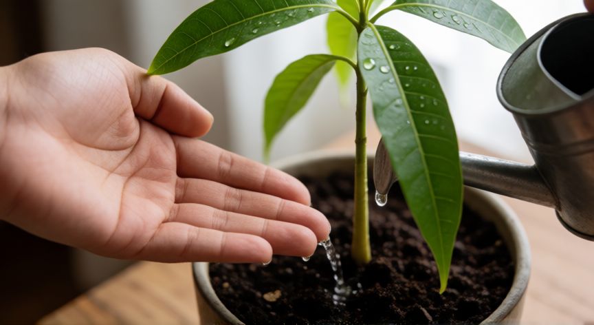 como plantar mango en casa, Manos regando una planta joven de mango en maceta con regadera pequeña, gotas de agua sobre hojas verdes