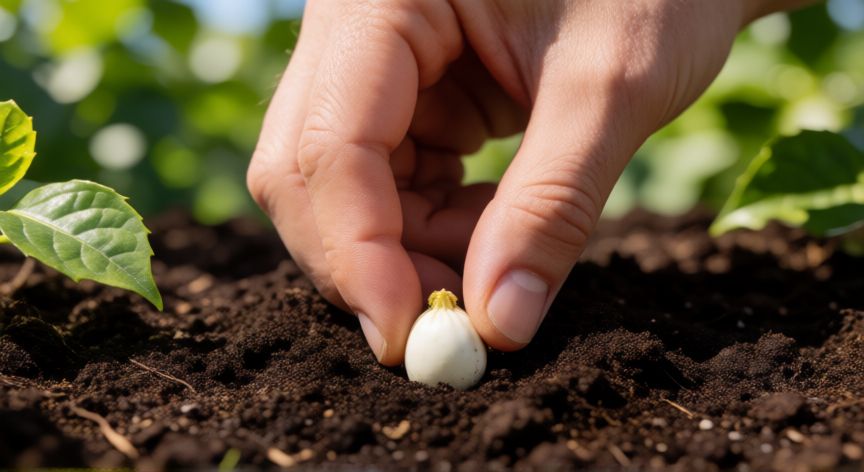 Mano plantando una semilla de maracuyá en tierra fértil