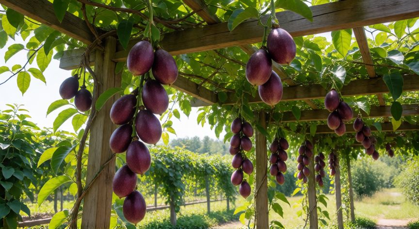 como plantar maracuya, Planta de maracuyá madura con racimos de frutas en una pérgola