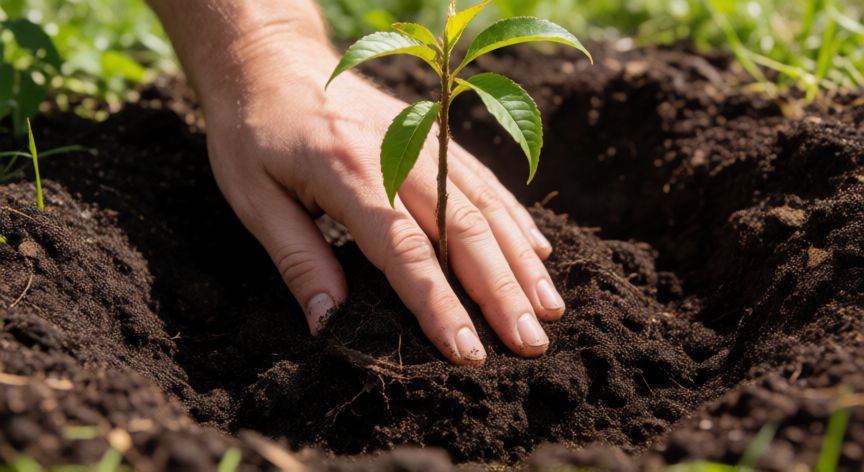 Plantación de un joven melocotonero en el suelo preparado con compost