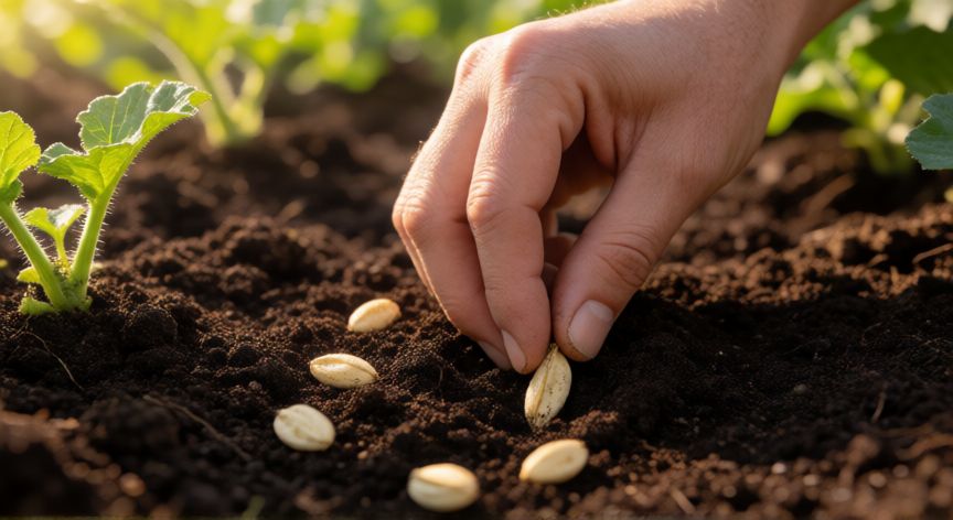 Manos plantando semillas de melón en tierra fértil con luz solar