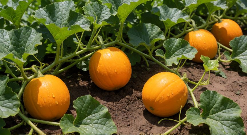 como plantar melones, Hiedras de melón con frutos maduros en un huerto soleado