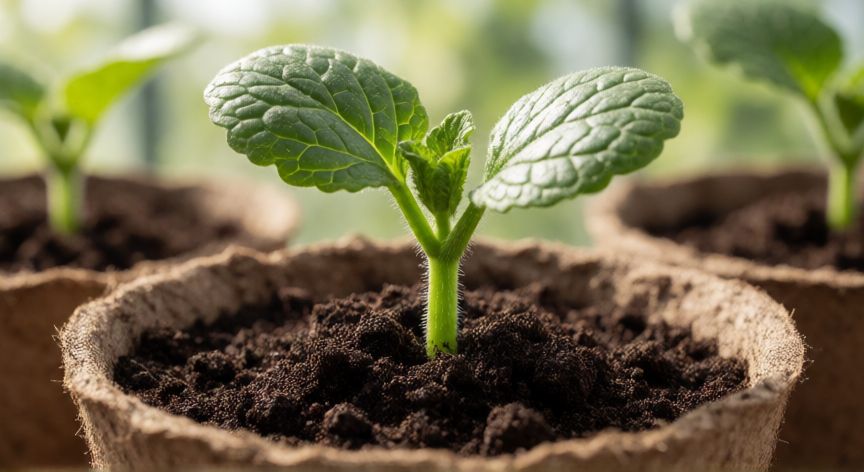 Brote joven de melón en maceta de semillero