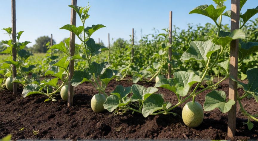 como plantar melones con semillas, Plantas de melón creciendo en huerto con tutoras