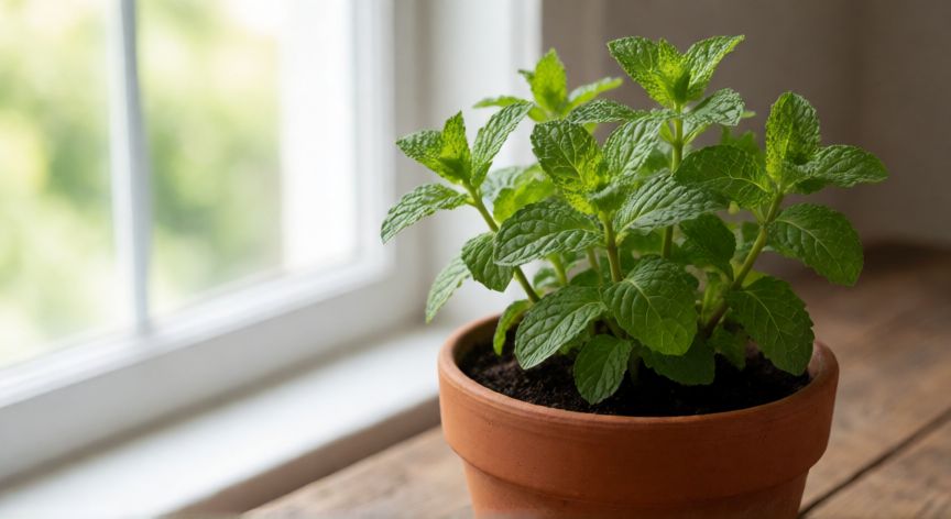 Planta de menta saludable en maceta de terracota recibiendo luz solar natural cerca de una ventana