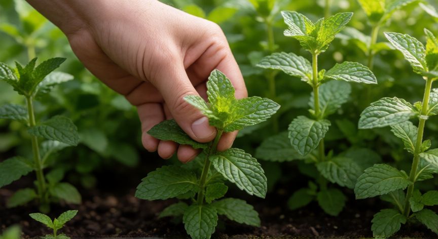 como plantar menta, Manos recolectando hojas frescas de menta en un jardín con suelo visible y luz de mañana