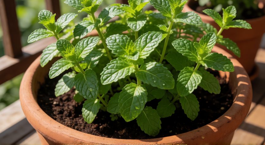 Planta de menta verde y saludable creciendo en una maceta de terracota al sol