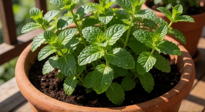 Planta de menta verde y saludable creciendo en una maceta de terracota al sol
