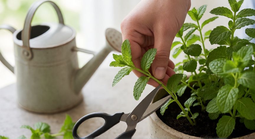 como plantar menta en maceta, Manos podando una planta de menta en maceta con tijeras de jardín